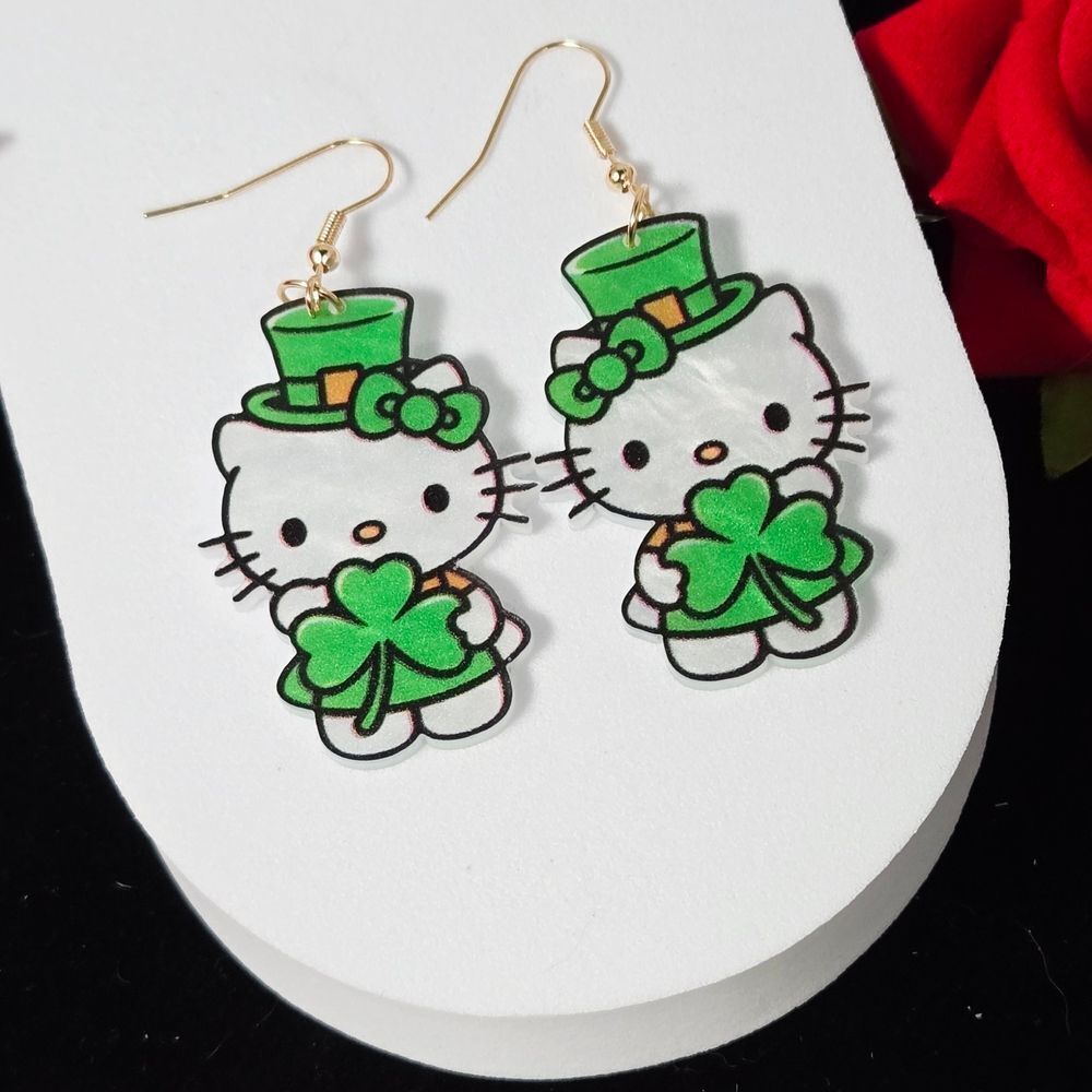 Hello Kitty St. Patrick’s Day Earrings Green Shamrock Lucky White Cat 2" Kawaii
